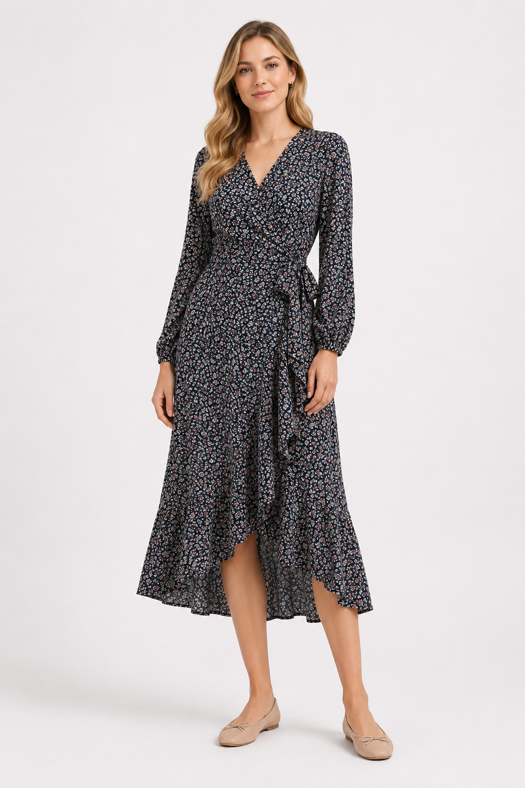NOMU | Women's Floral Wrap Midi Dress – Long Sleeve Tie Waist Ruffle Hem Design