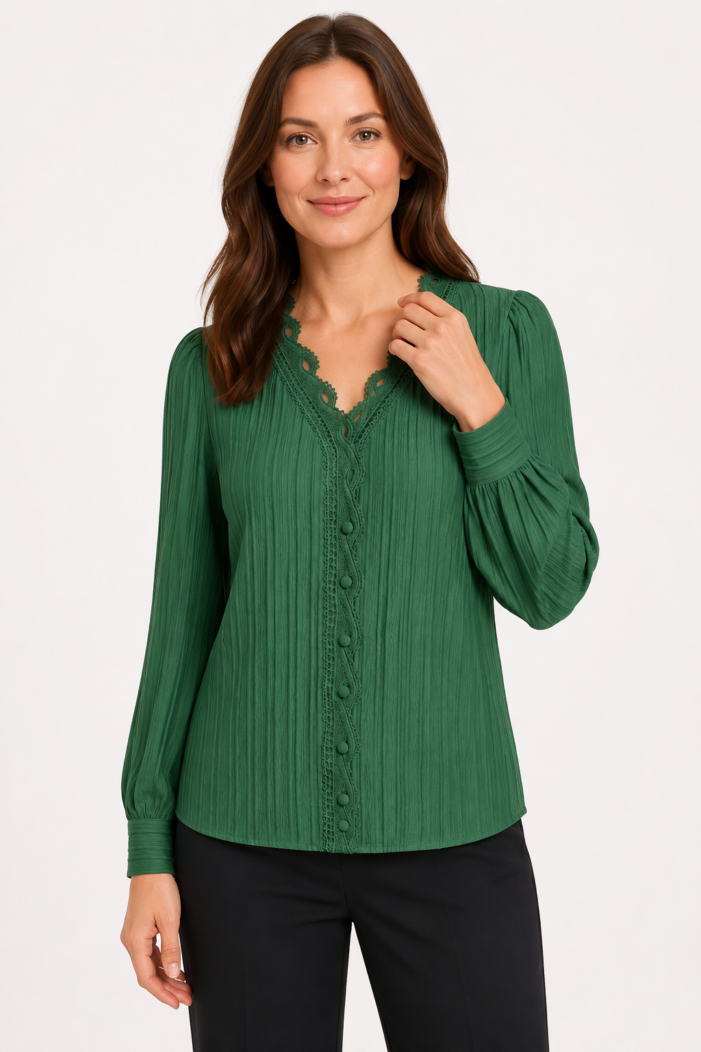 NOMU | Women's Lace Trim Pleated Blouse – Elegant V-Neck Long Sleeve Top