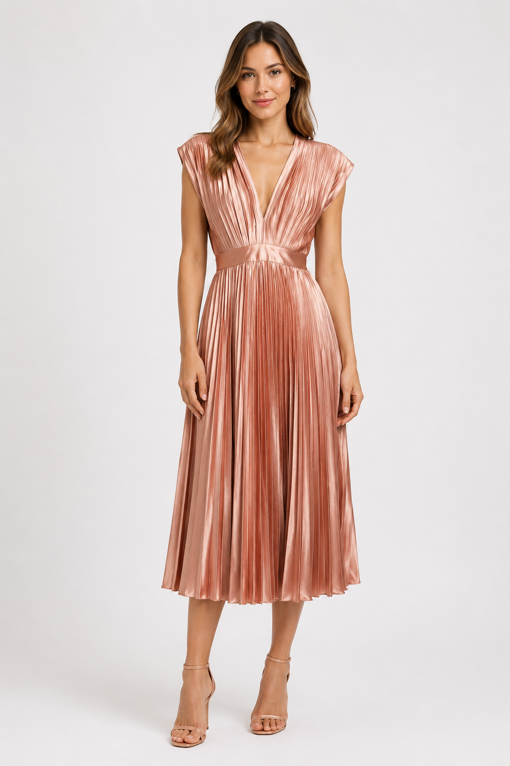 NOMU | Women's Pleated V-Neck Midi Dress – Elegant Sleeveless Flowing Evening Dress