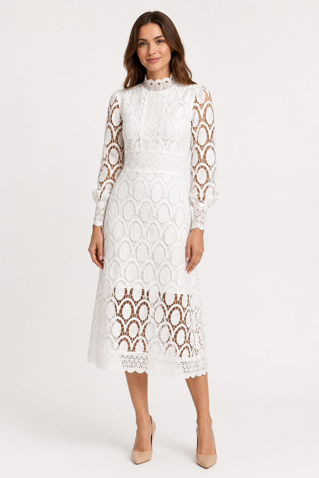NOMU | Women's Floral Lace Midi Dress – Elegant High Neck Puff Sleeve Party Dress