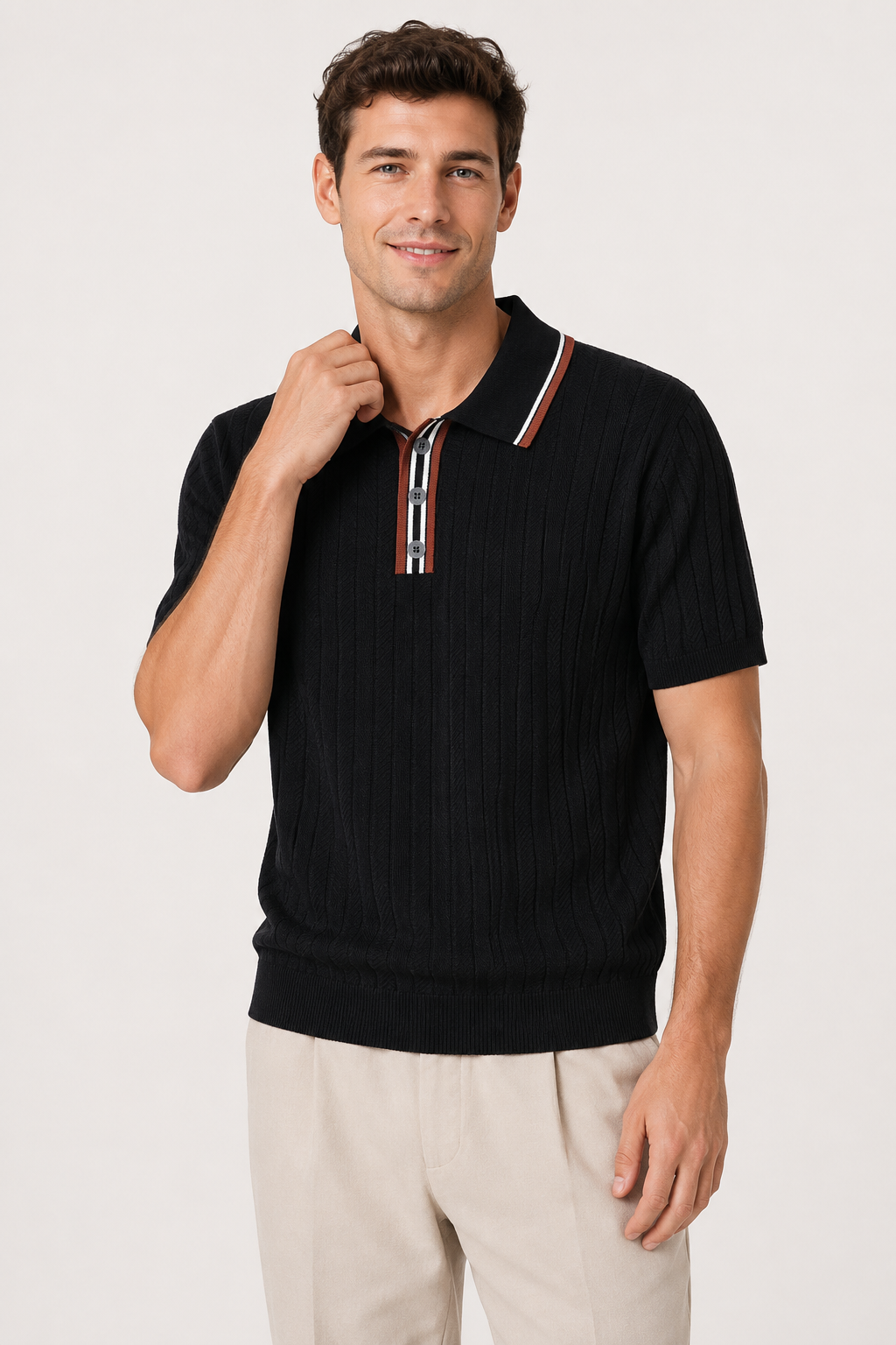 NOMU | Men's Textured Knit Polo Shirt – Smart Casual Short Sleeve Sweater Polo