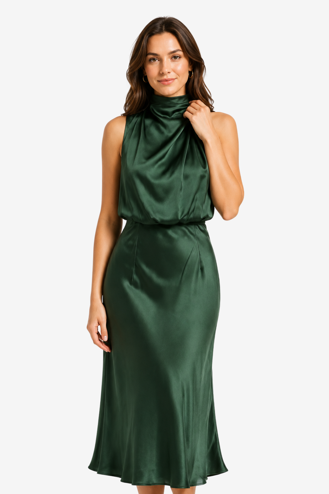 NOMU | Women's Satin High Neck Midi Dress – Elegant Sleeveless Evening Slip Dress