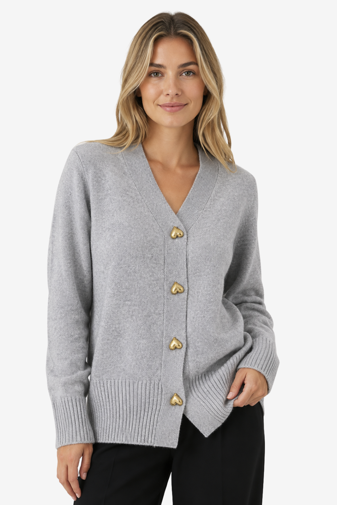 NOMU | Women's V-Neck Knit Cardigan – Heart Button Front Relaxed Design
