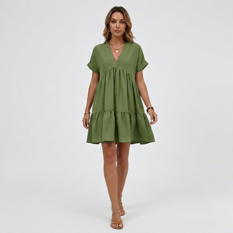 NOMU | Women's Tiered Mini Dress – V Neck Short Sleeve Loose Fit Design