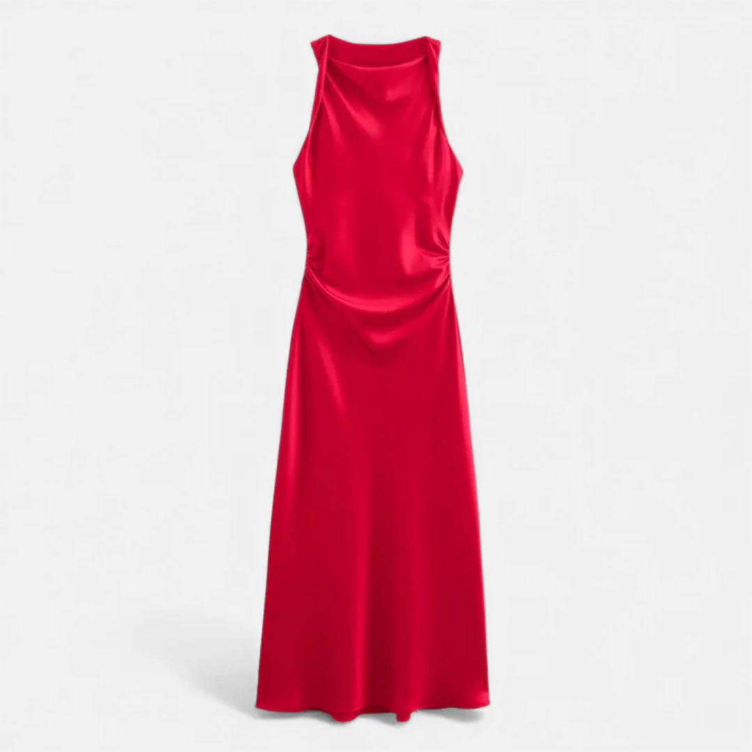 NOMU | Women's Satin Sleeveless Midi Dress – Elegant Draped Evening Slip Dress