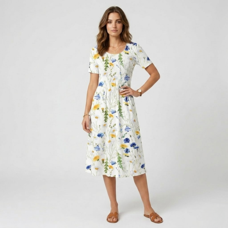 NOMU | Women's Floral Print Midi Dress – Short Sleeve Relaxed Fit