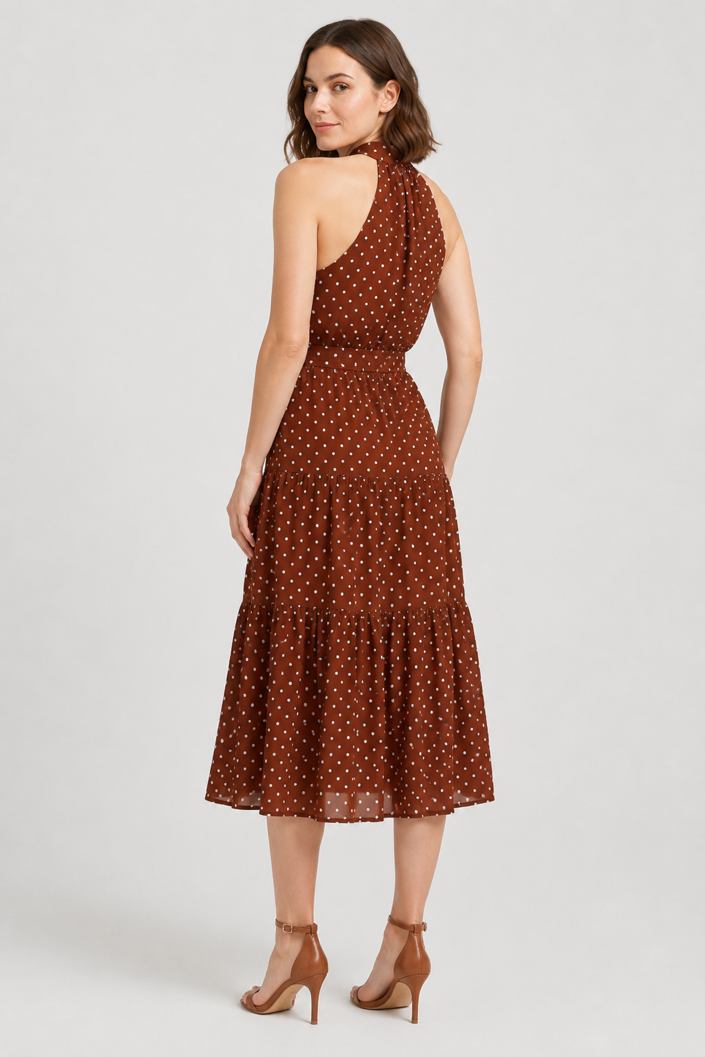 NOMU | Women's Polka Dot Halter Midi Dress – Elegant Sleeveless Tie Waist Dress