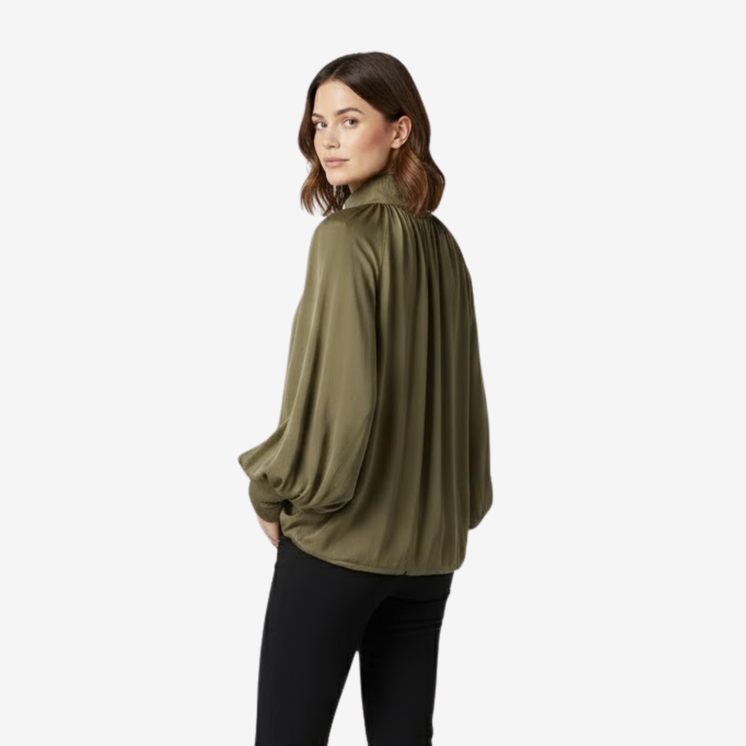 NOMU | Women's Gathered High Neck Blouse – Elegant Balloon Sleeve Top