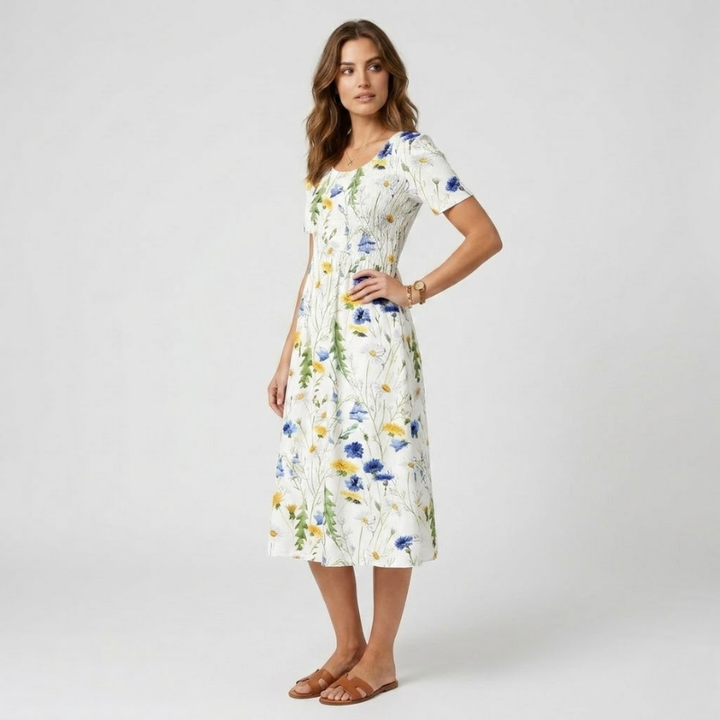 NOMU | Women's Floral Print Midi Dress – Short Sleeve Relaxed Fit