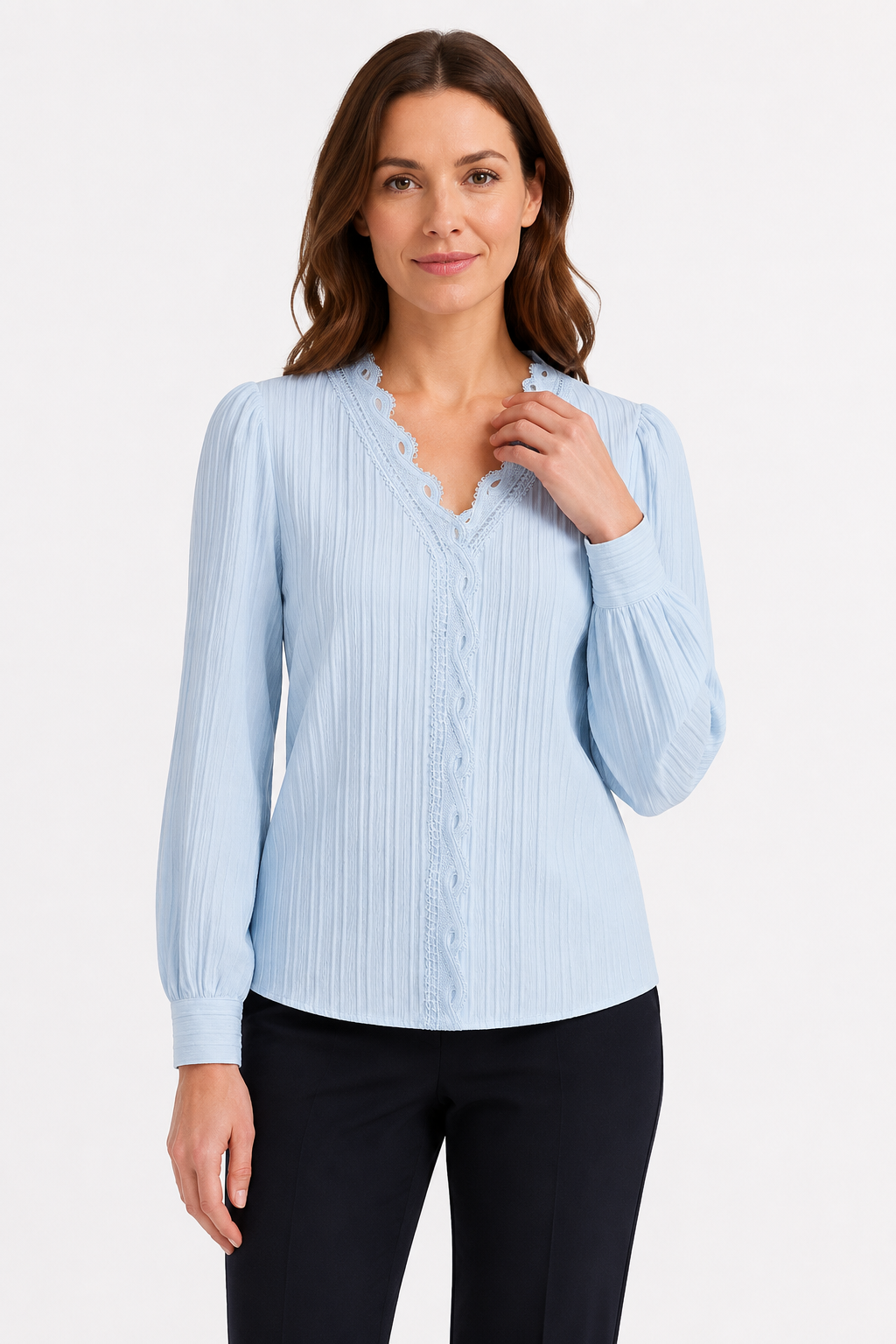 NOMU | Women's Lace Trim Pleated Blouse – Elegant V-Neck Long Sleeve Top