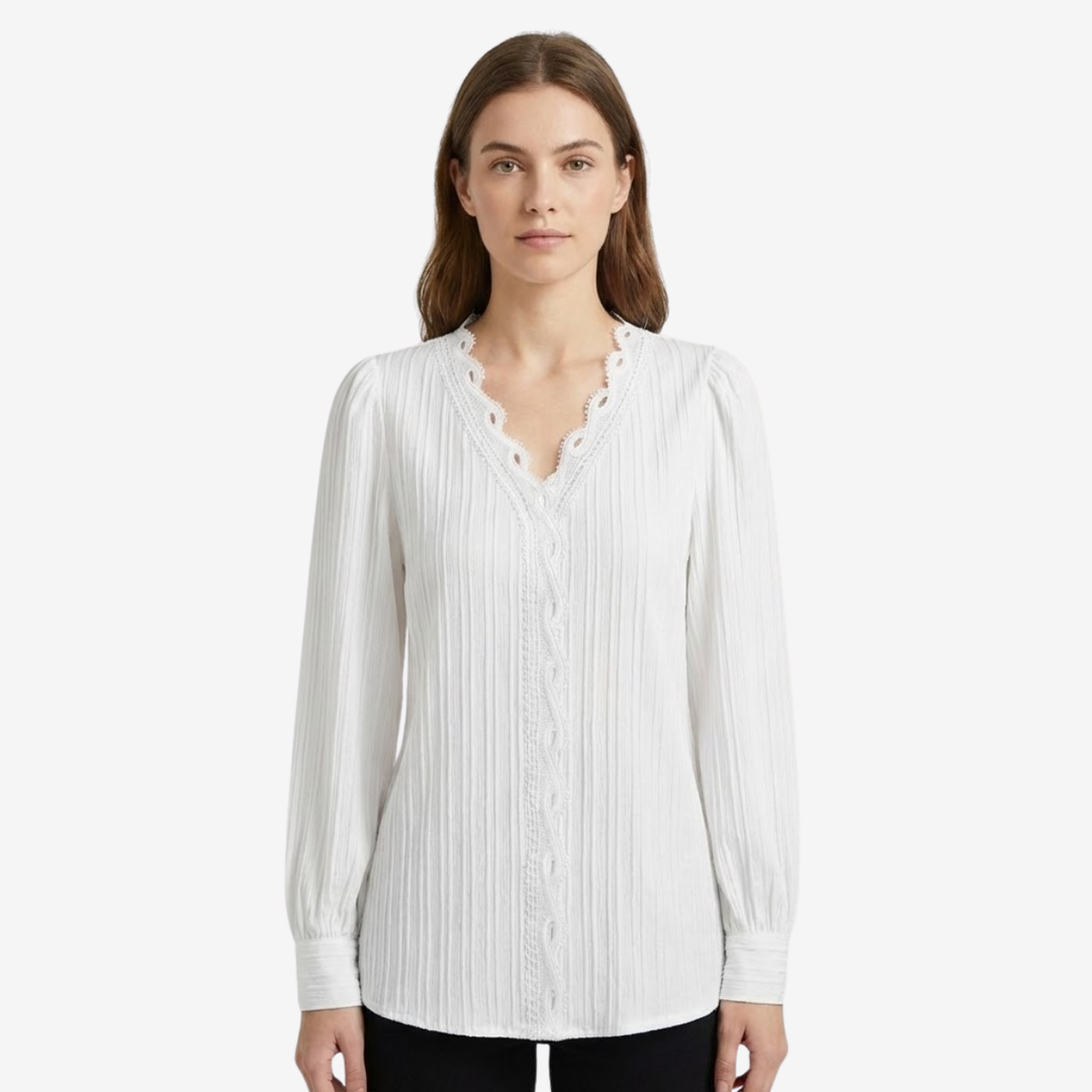 NOMU | Women's Lace Trim Pleated Blouse – Elegant V-Neck Long Sleeve Top