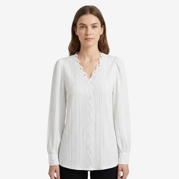 NOMU | Women's Lace Trim Pleated Blouse – Elegant V-Neck Long Sleeve Top