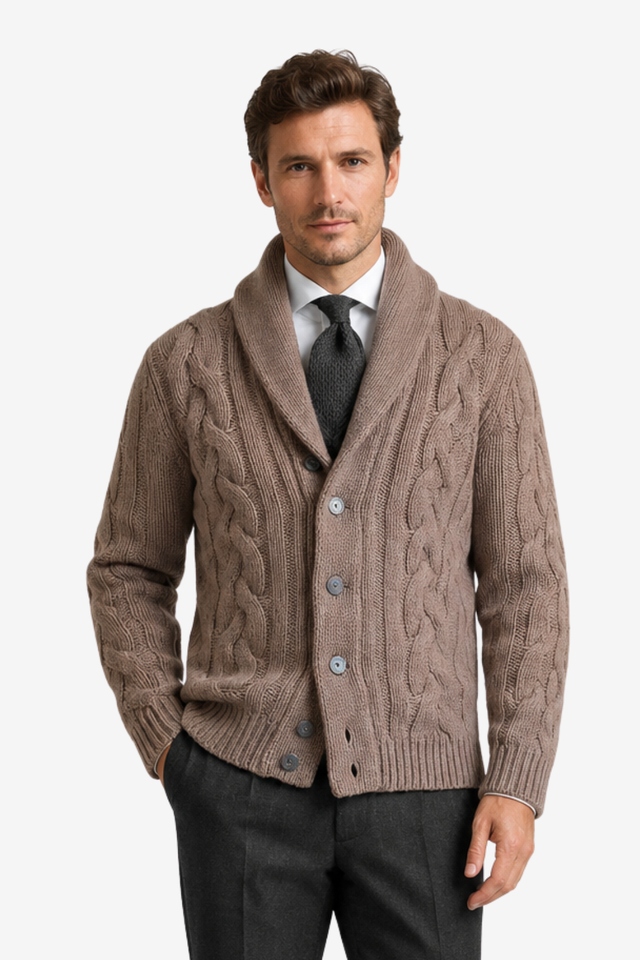 NOMU | Men's Cable Knit Cardigan – Shawl Collar Button Front Design
