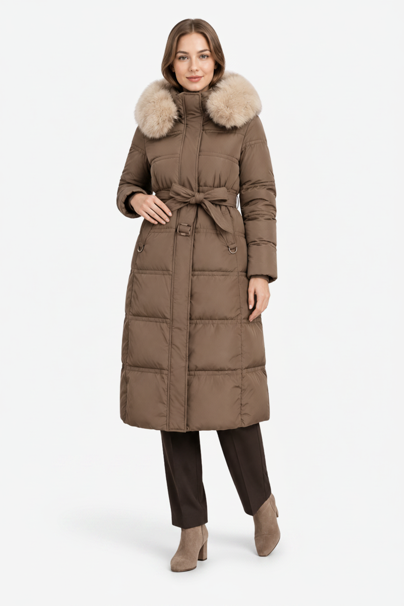 NOMU | Women's Long Puffer Coat – Fitted Waist with Fur Trim Hood