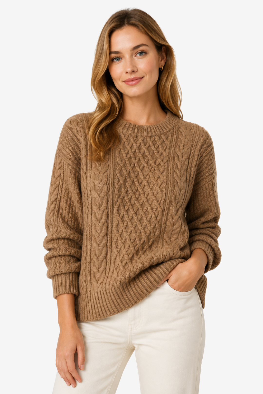 NOMU | Women's Cable Knit Sweater – Textured Crew Neck Relaxed Design