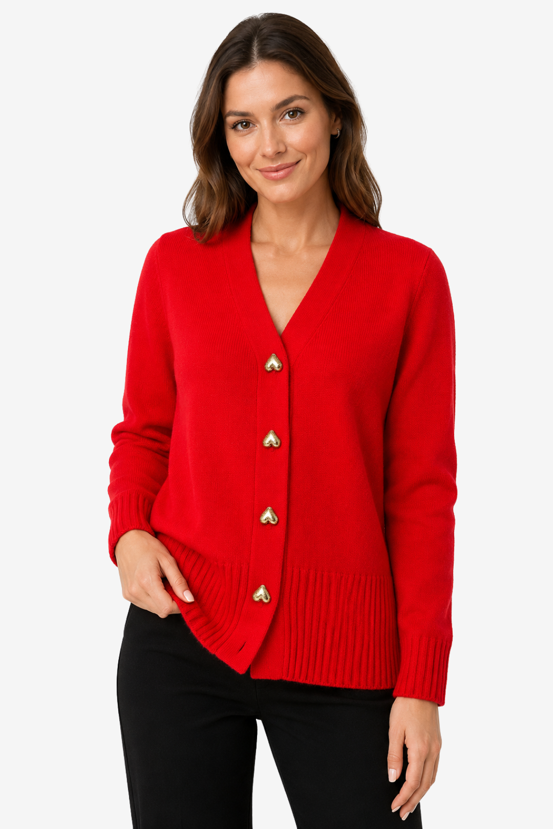 NOMU | Women's V-Neck Knit Cardigan – Heart Button Front Relaxed Design