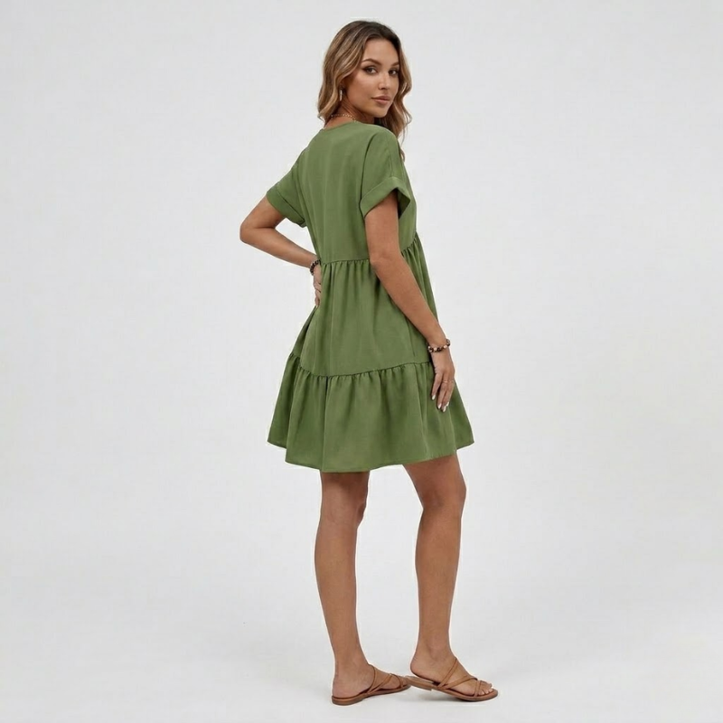 NOMU | Women's Tiered Mini Dress – V Neck Short Sleeve Loose Fit Design