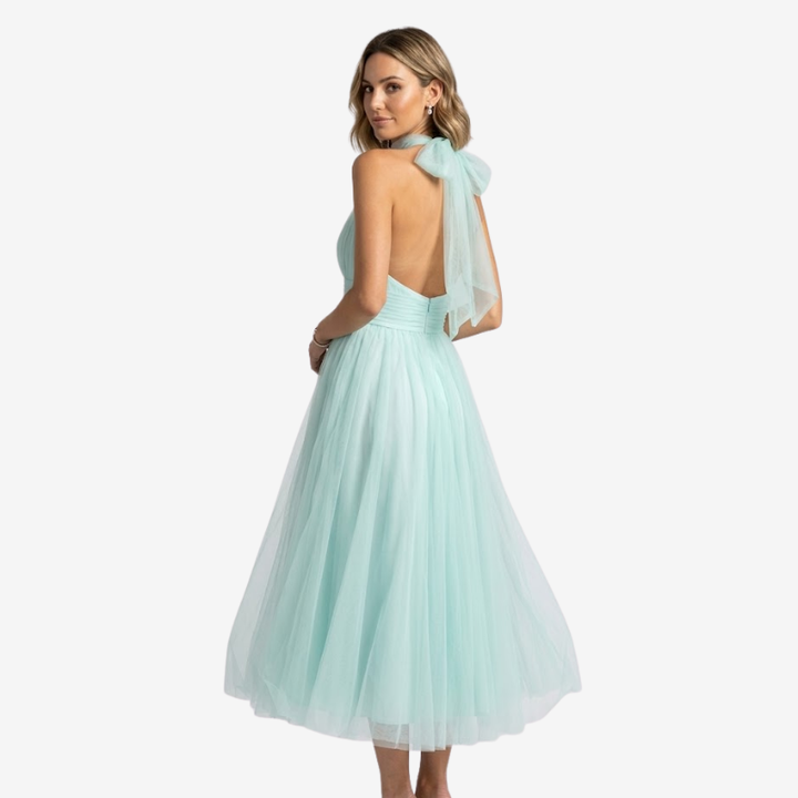 NOMU | Women's Halter Neck Tulle Midi Dress – Elegant Sleeveless Princess Party Dress
