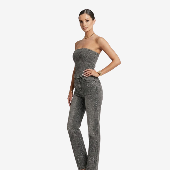 NOMU | Women's Rhinestone Denim Corset & Wide-Leg Jeans Set – Glam Strapless Co-Ord Outfit