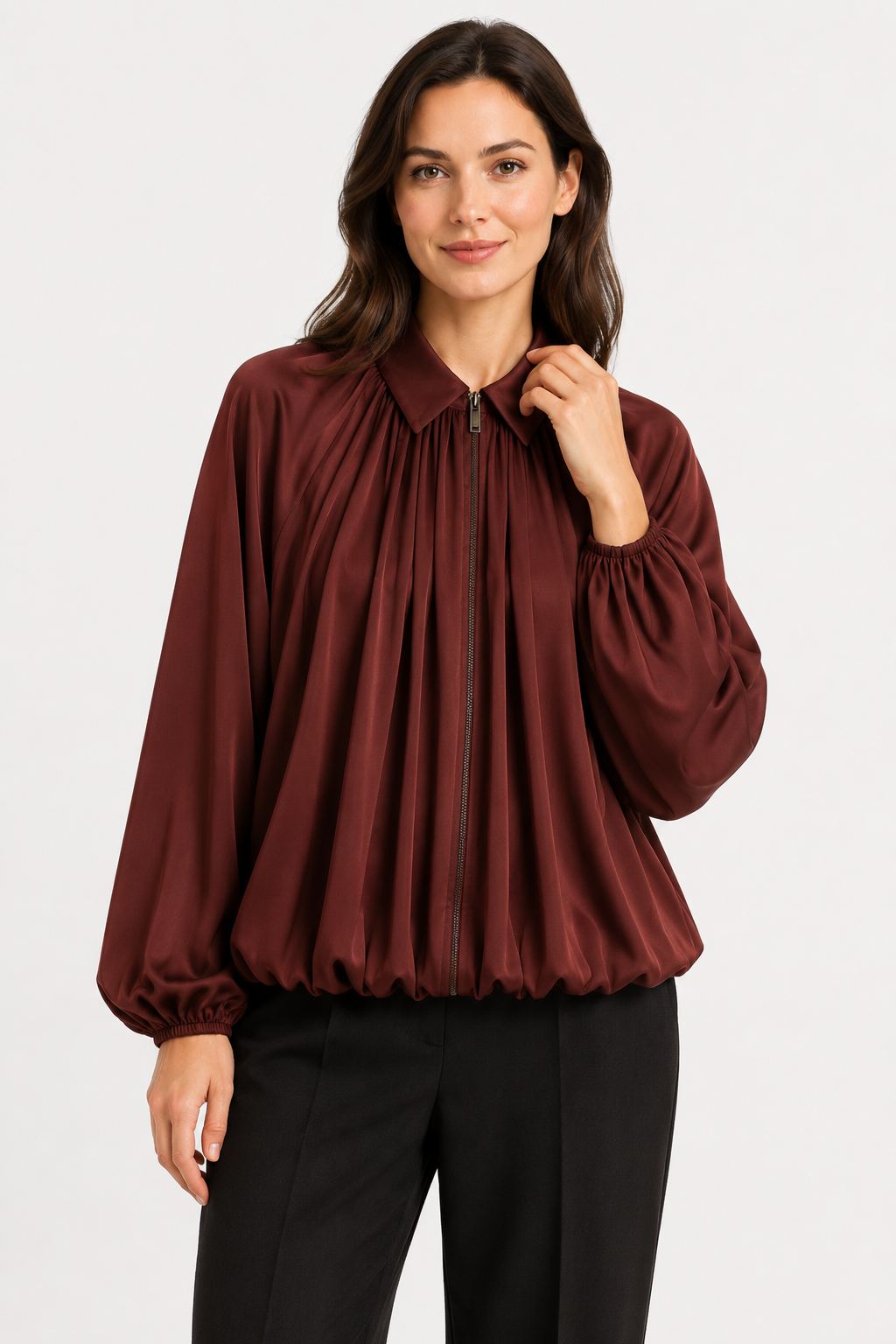 NOMU | Women's Gathered High Neck Blouse – Elegant Balloon Sleeve Top