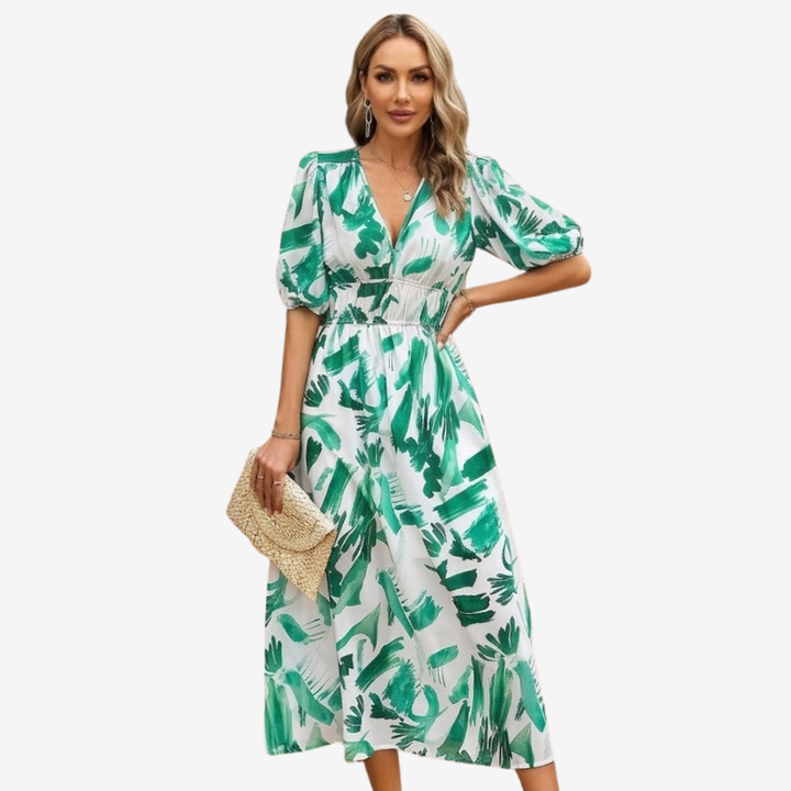 NOMU | Women's Floral V-Neck Midi Dress – Elegant Puff Sleeve Flowing Dress