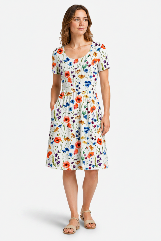 NOMU | Women's Floral Print Midi Dress – Short Sleeve Relaxed Fit