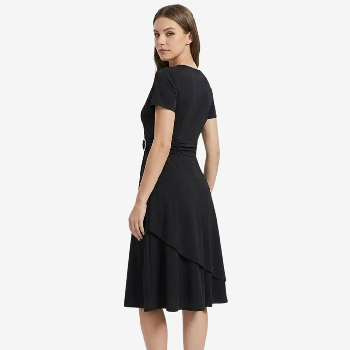 NOMU | Women's Elegant Wrap Midi Dress – Short Sleeve V-Neck Party Dress