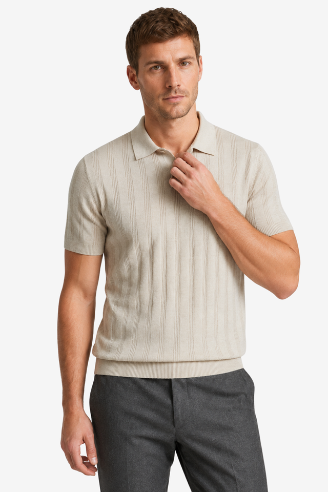 NOMU | Men’s Textured Vertical Stripe Knit Polo Shirt