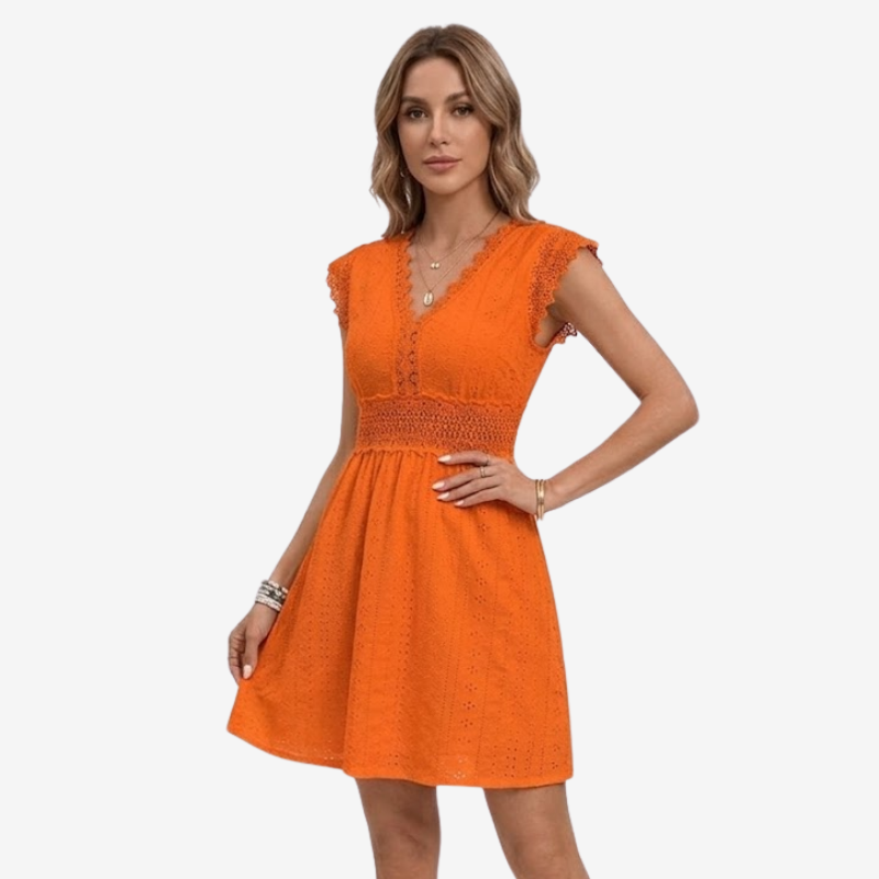 NOMU | Women's Lace Trim Eyelet Mini Dress – Elegant Sleeveless Summer Dress