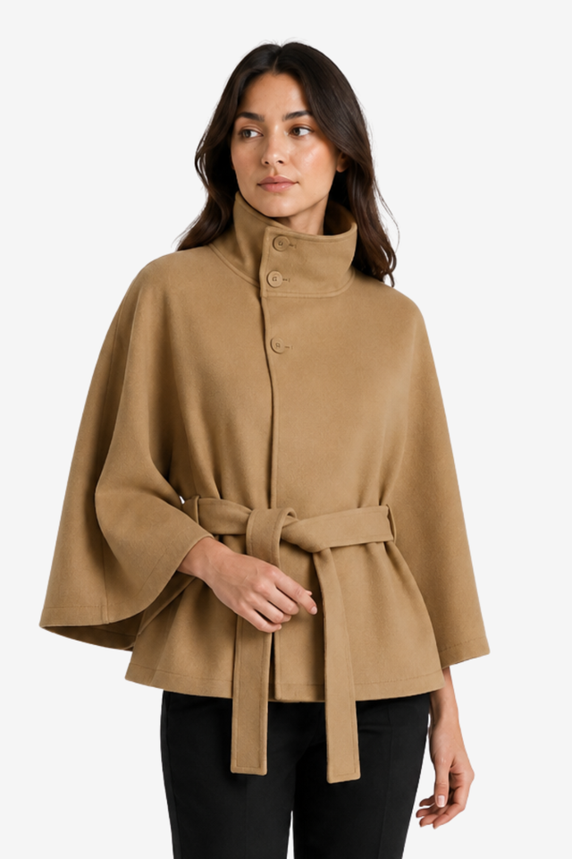 NOMU | Women's Belted Cape Coat – High Collar Wide Sleeve Design