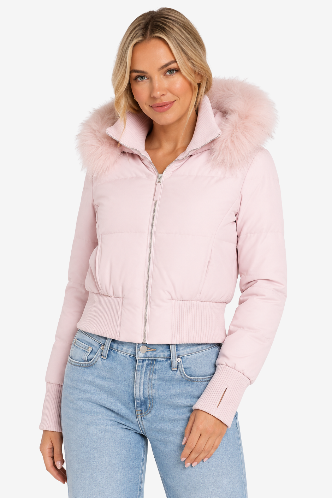 NOMU | Women's Puffer Jacket – Faux Fur Hood Ribbed Trim Zip Up Design