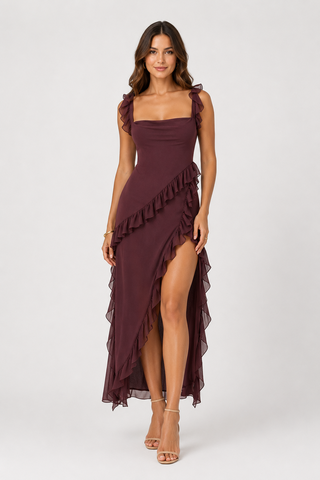 NOMU | Women's Ruffle Trim High Slit Maxi Dress – Elegant Sleeveless Evening Dress