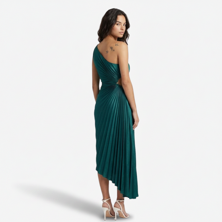 NOMU | Women's One-Shoulder Pleated Midi Dress – Elegant Asymmetrical Evening Dress