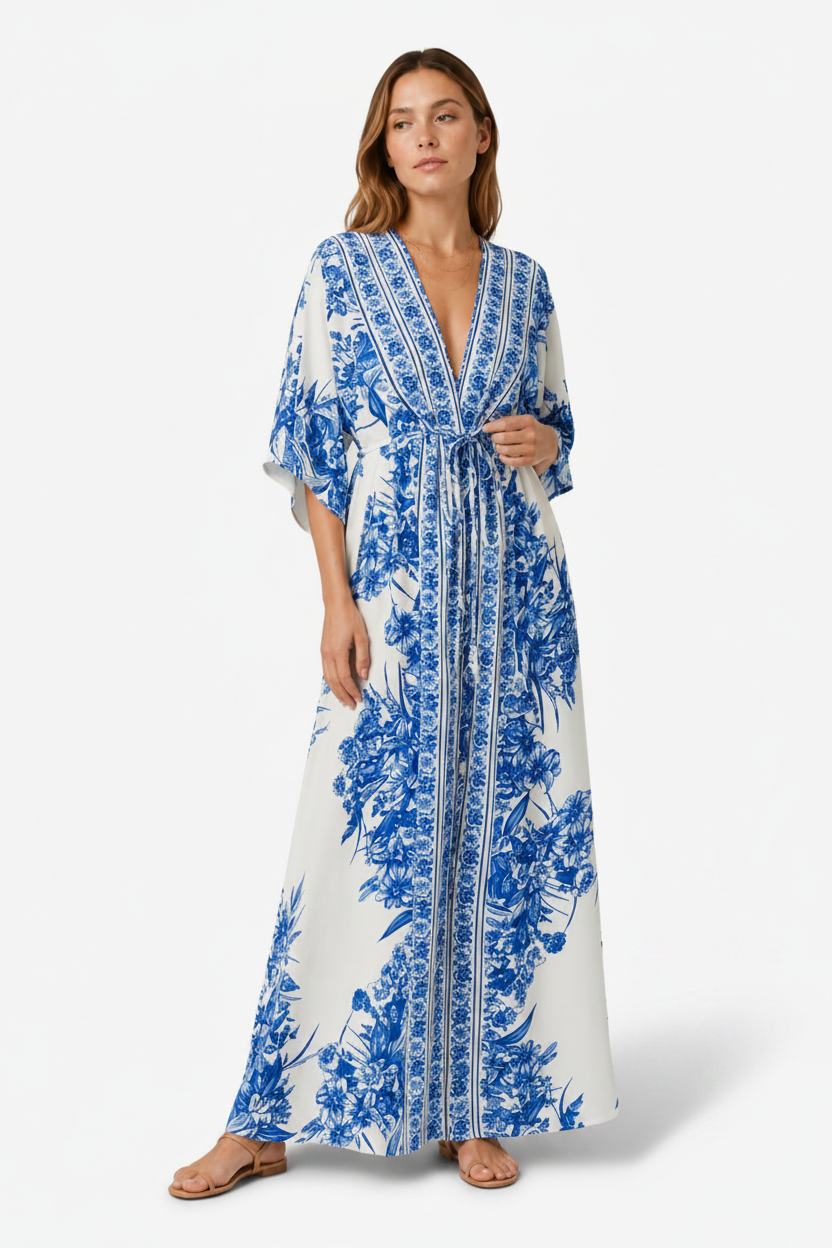 NOMU | Women's Printed Maxi Dress – V Neck Kimono Sleeve Tie Waist Relaxed Design