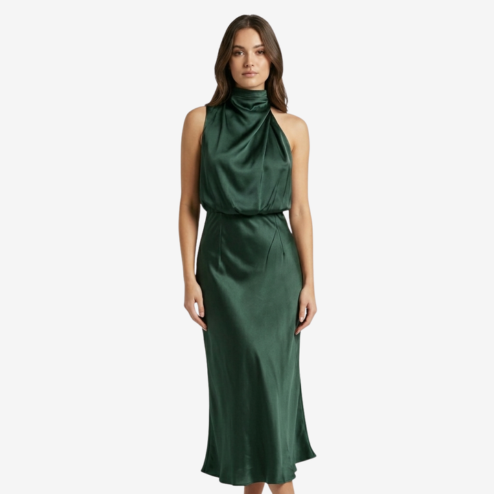 NOMU | Women's Satin High Neck Midi Dress – Elegant Sleeveless Evening Slip Dress