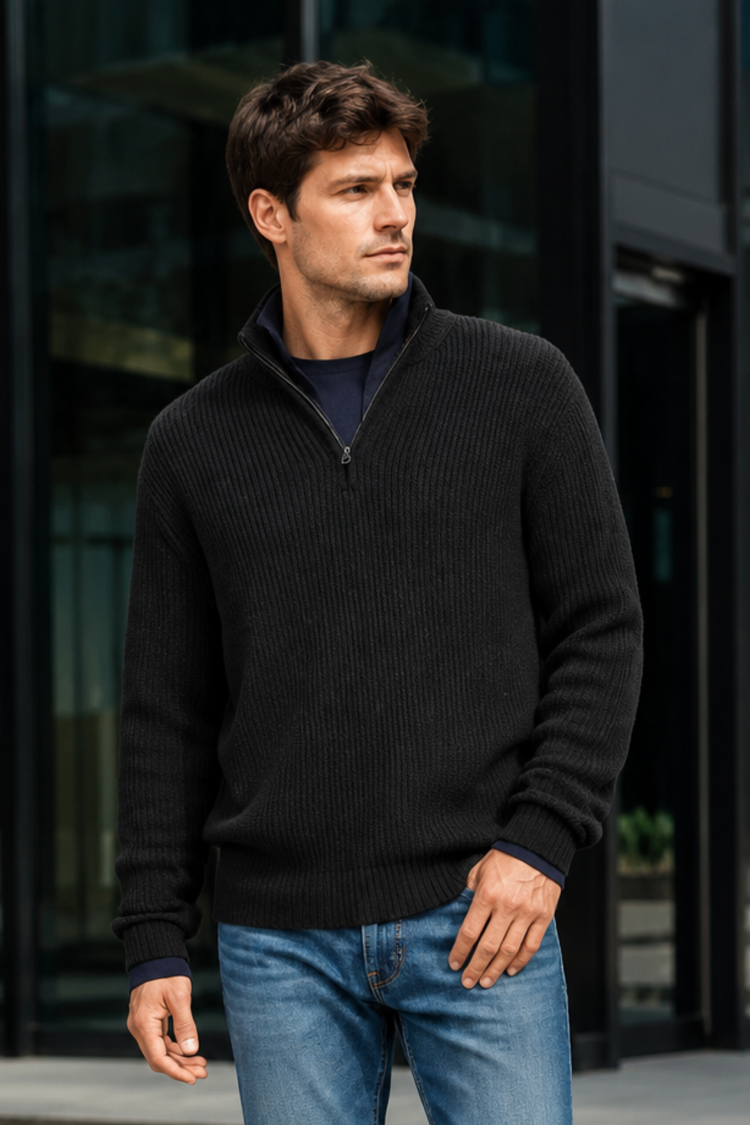 NOMU | Men's Quarter Zip Sweater – Ribbed Knit Stand Collar Long Sleeve Design