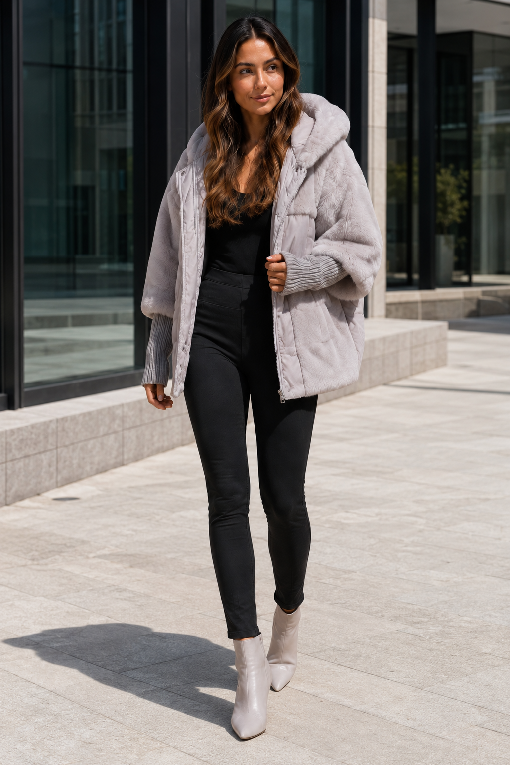 NOMU | Women's Long Quilted Cape – Faux Fur Collar and Ribbed Cuff Winter Design