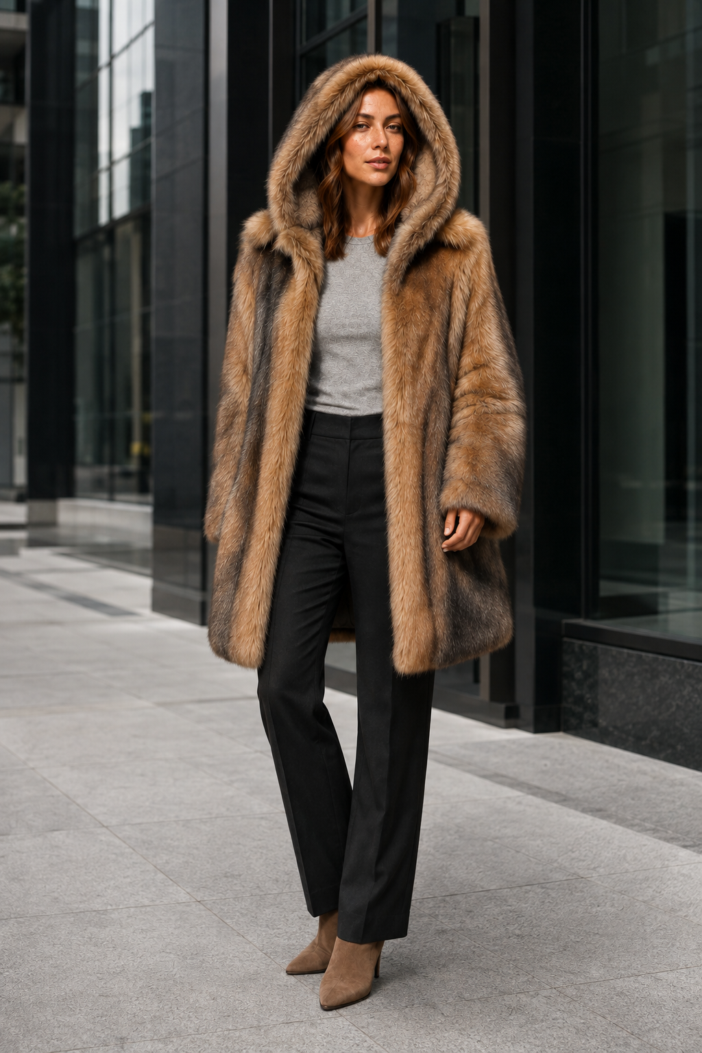 NOMU | Women's Long Hooded Coat – Faux Fur Finish with Single-Button Closure