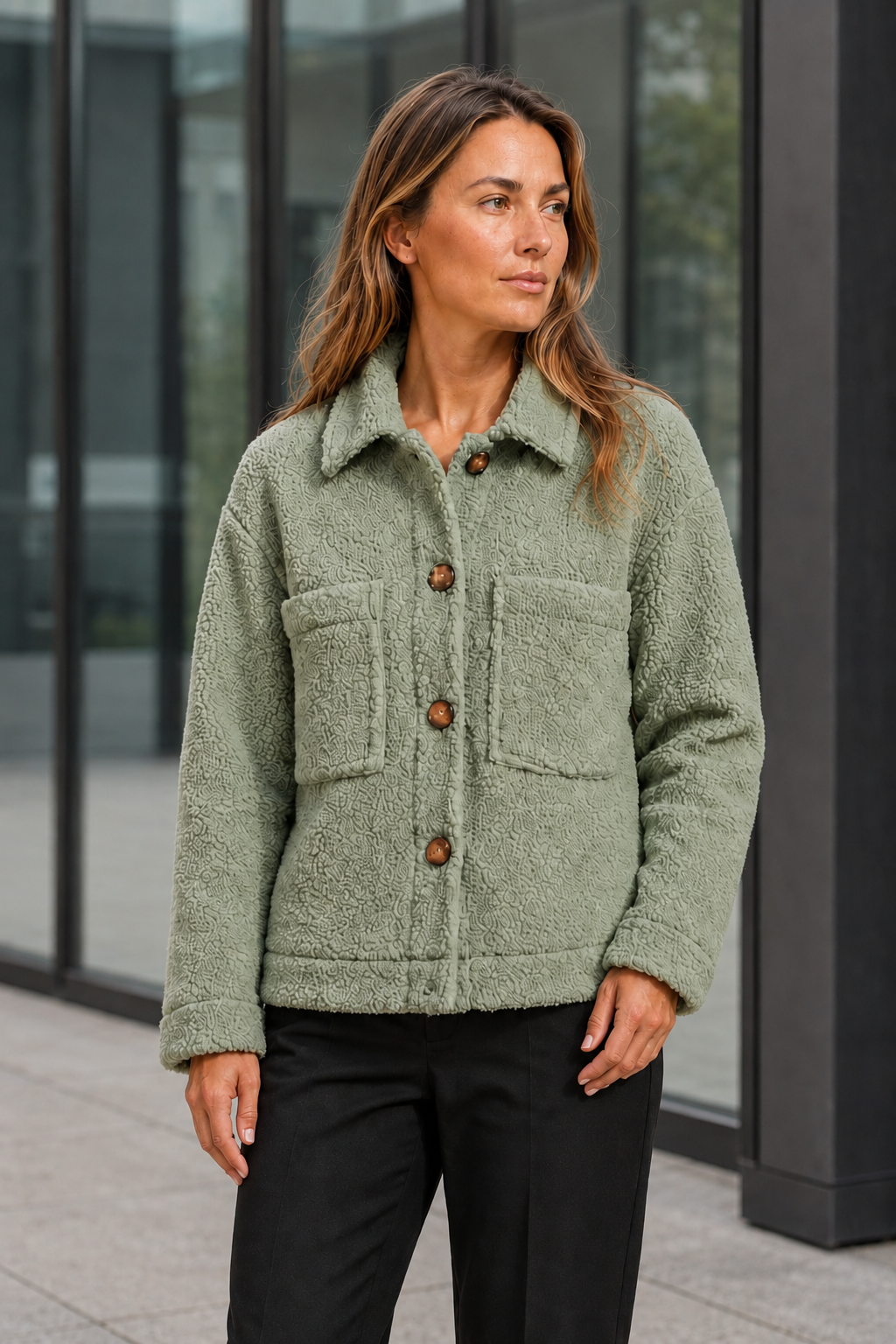 NOMU | Women's Straight Cut Mid Season Coat – Textured Fleece with Button Front and Patch Pockets