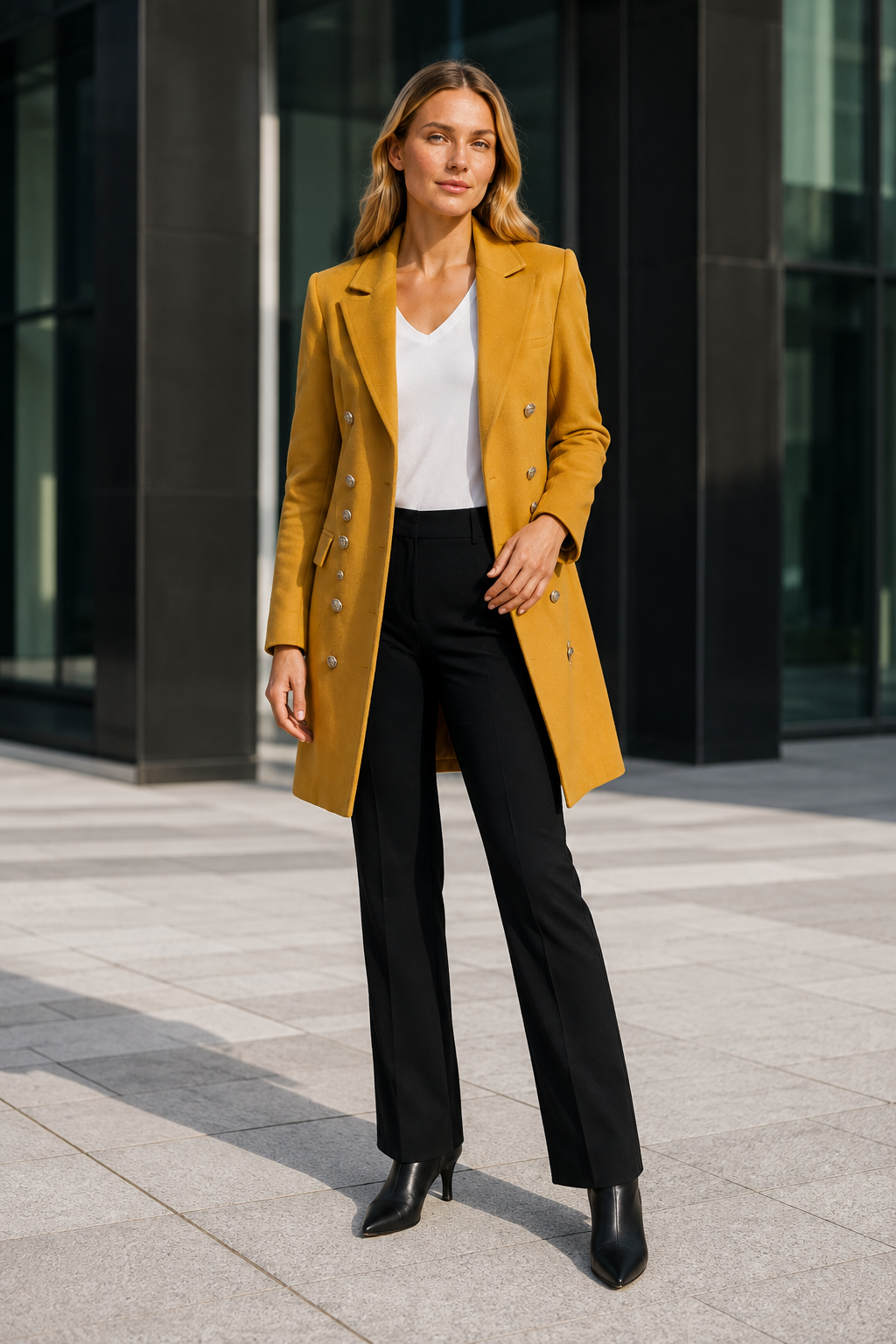 NOMU | Women's Long Button Front Coat – Double Breasted Design with Notched Lapels