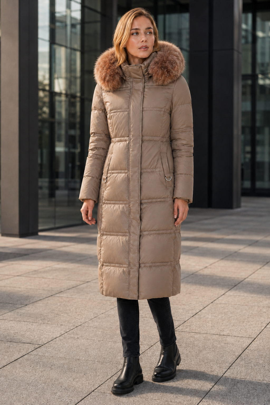 NOMU | Women's Long Puffer Coat – Fitted Waist with Fur Trim Hood