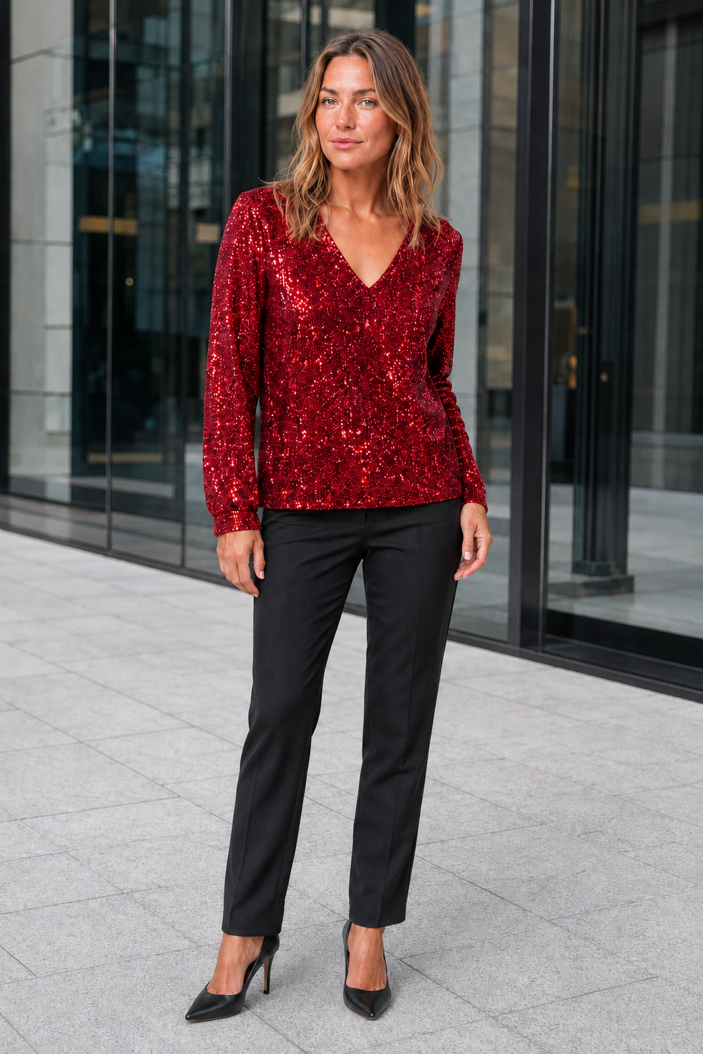 NOMU | Women's Long-Sleeve Sequin Blouse – V-Neck Design for Parties and Weekend Events