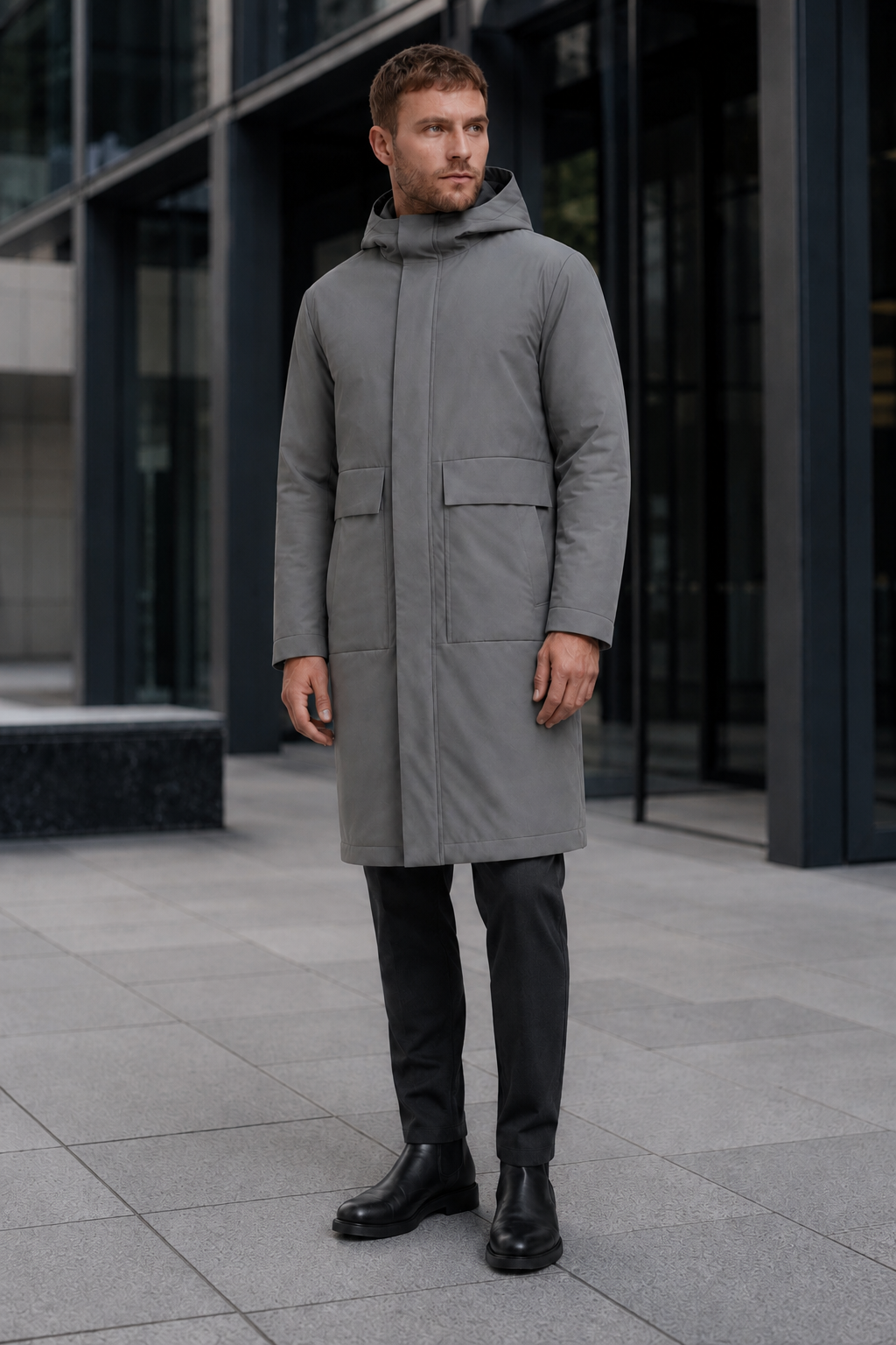 NOMU | Men's Long Quilted Hooded Parka – Full Length Design with Front Pockets