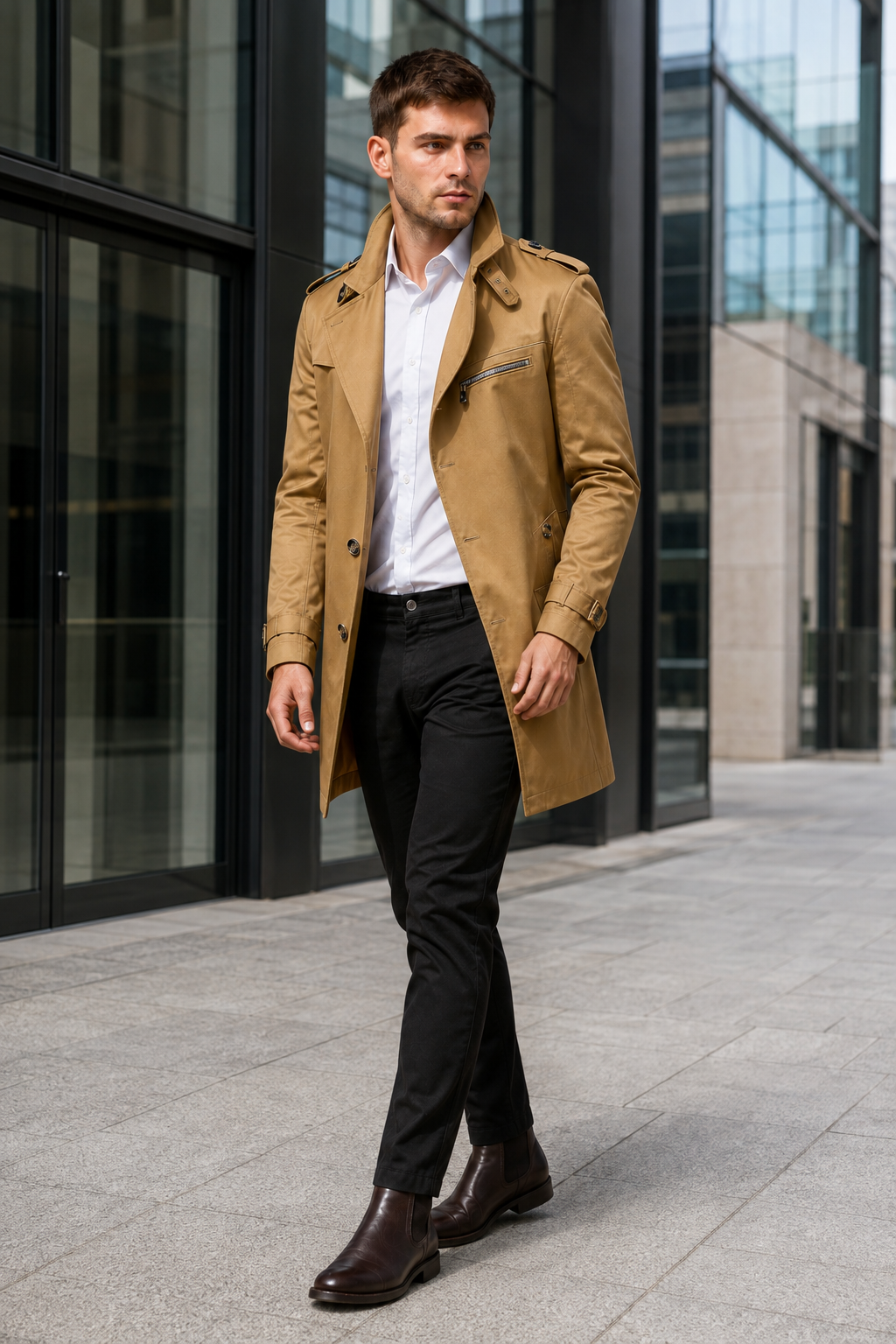 NOMU | Men's Belted Trench Coat – Double-Breasted Front with Adjustable Waist Belt