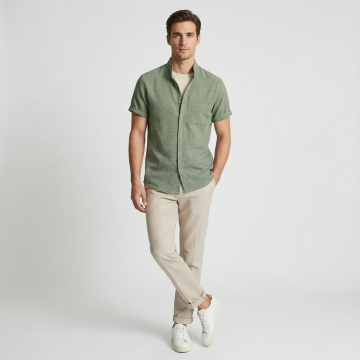 NOMU | Men’s Short Sleeve Mandarin Collar Button Shirt