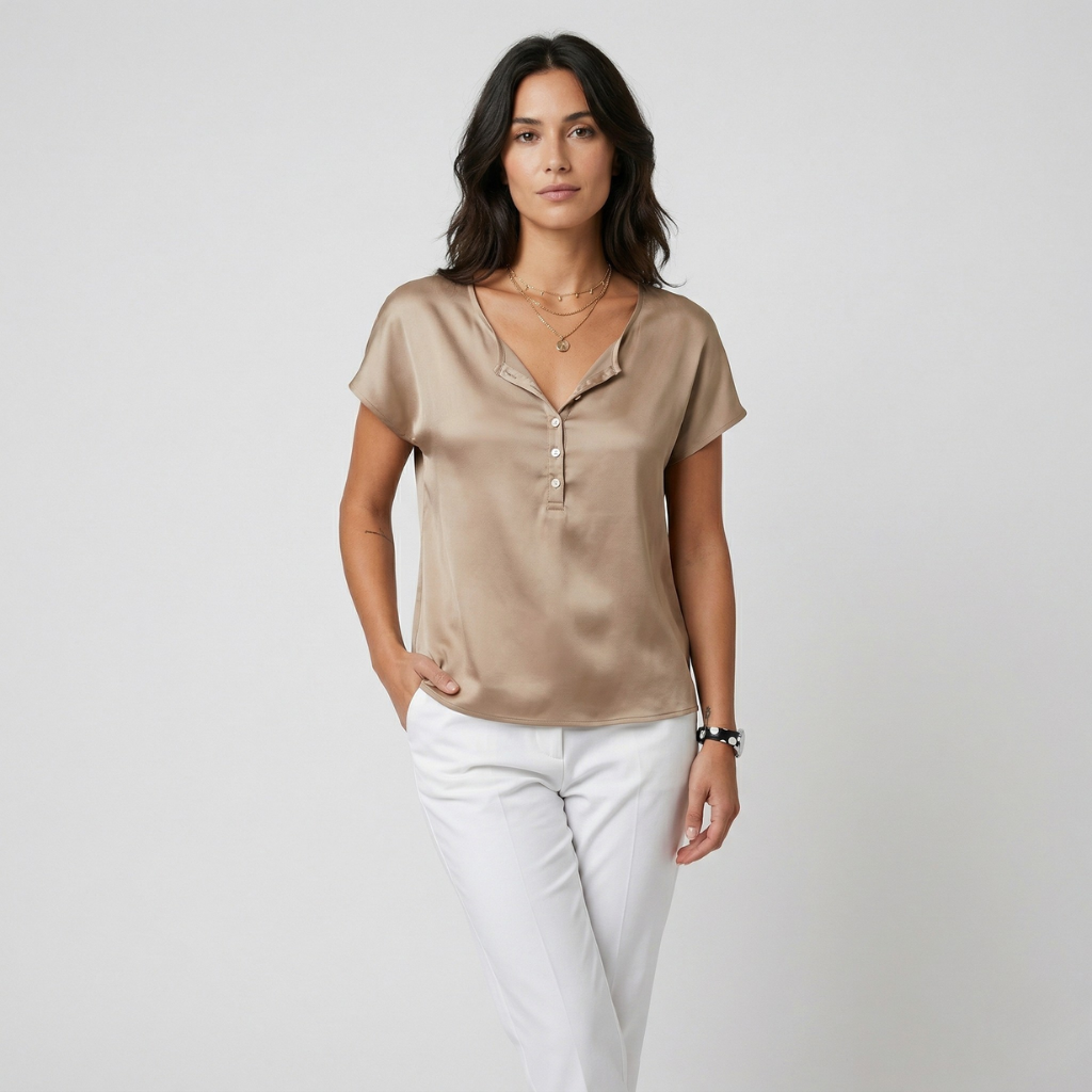 NOMU | Women’s V-Neck Button Detail Short Sleeve Blouse