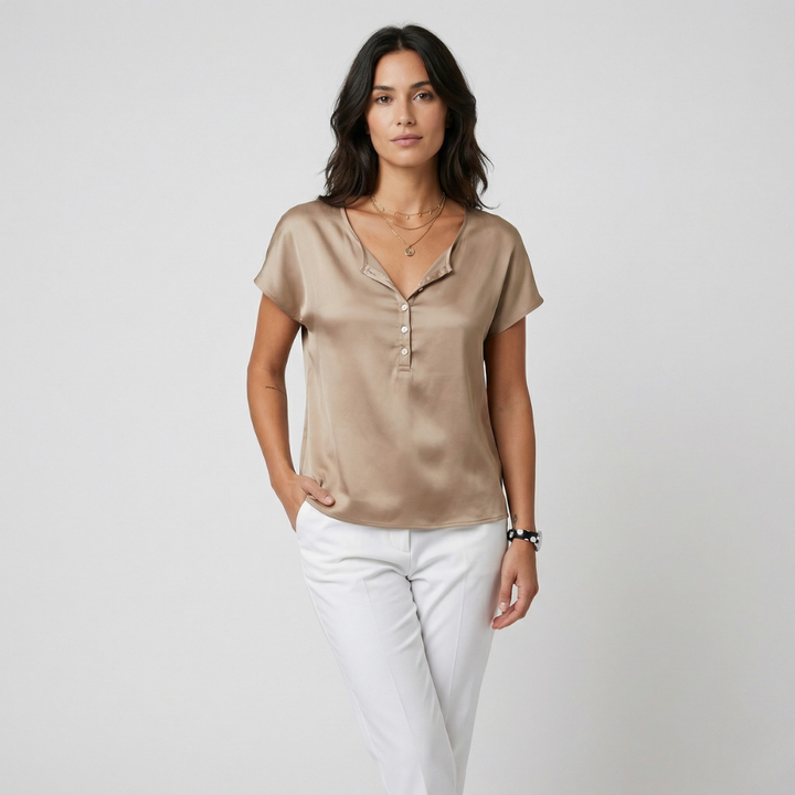 NOMU | Women’s V-Neck Button Detail Short Sleeve Blouse