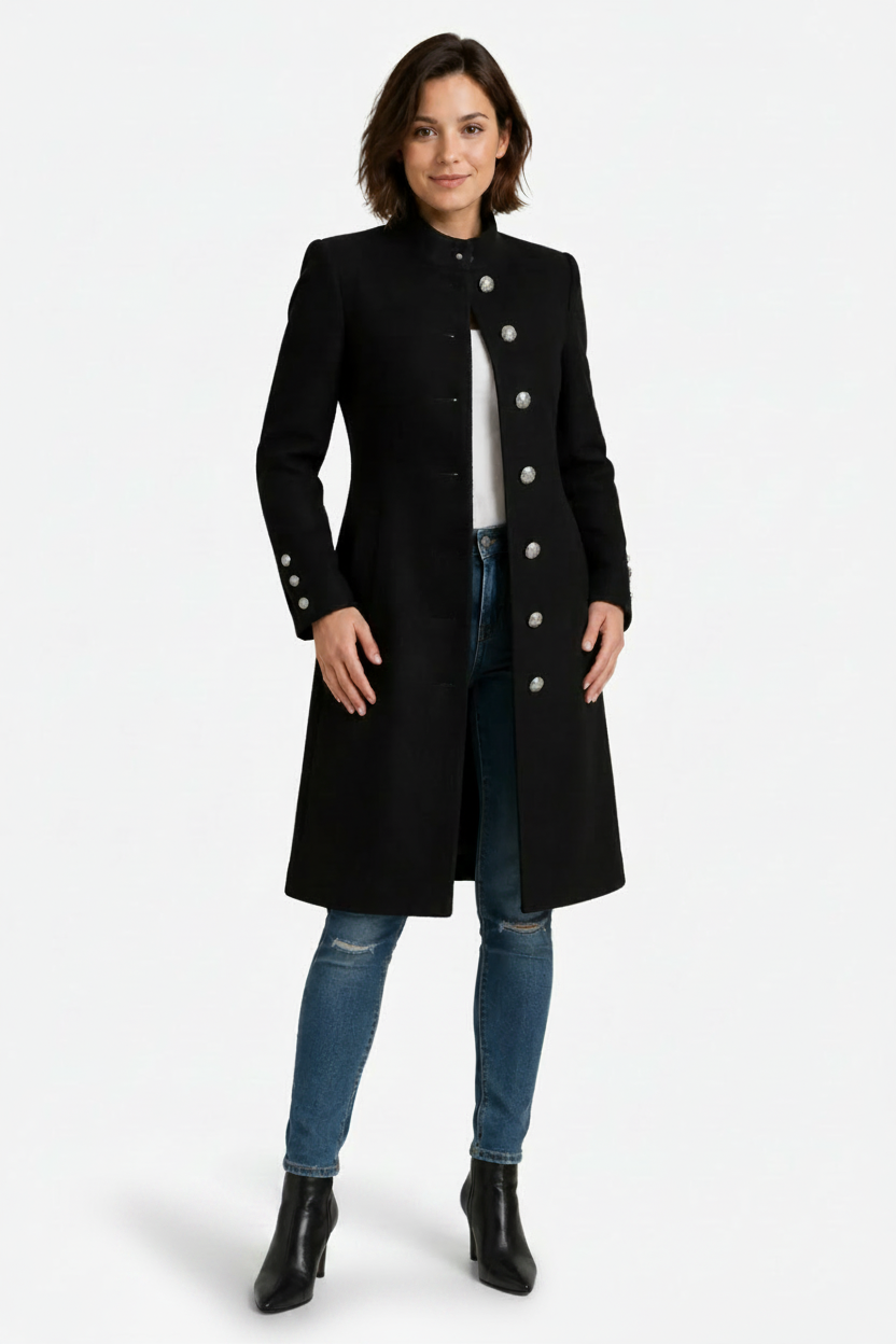 NOMU | Women's Long Button Front Coat – Double Breasted Design with Notched Lapels
