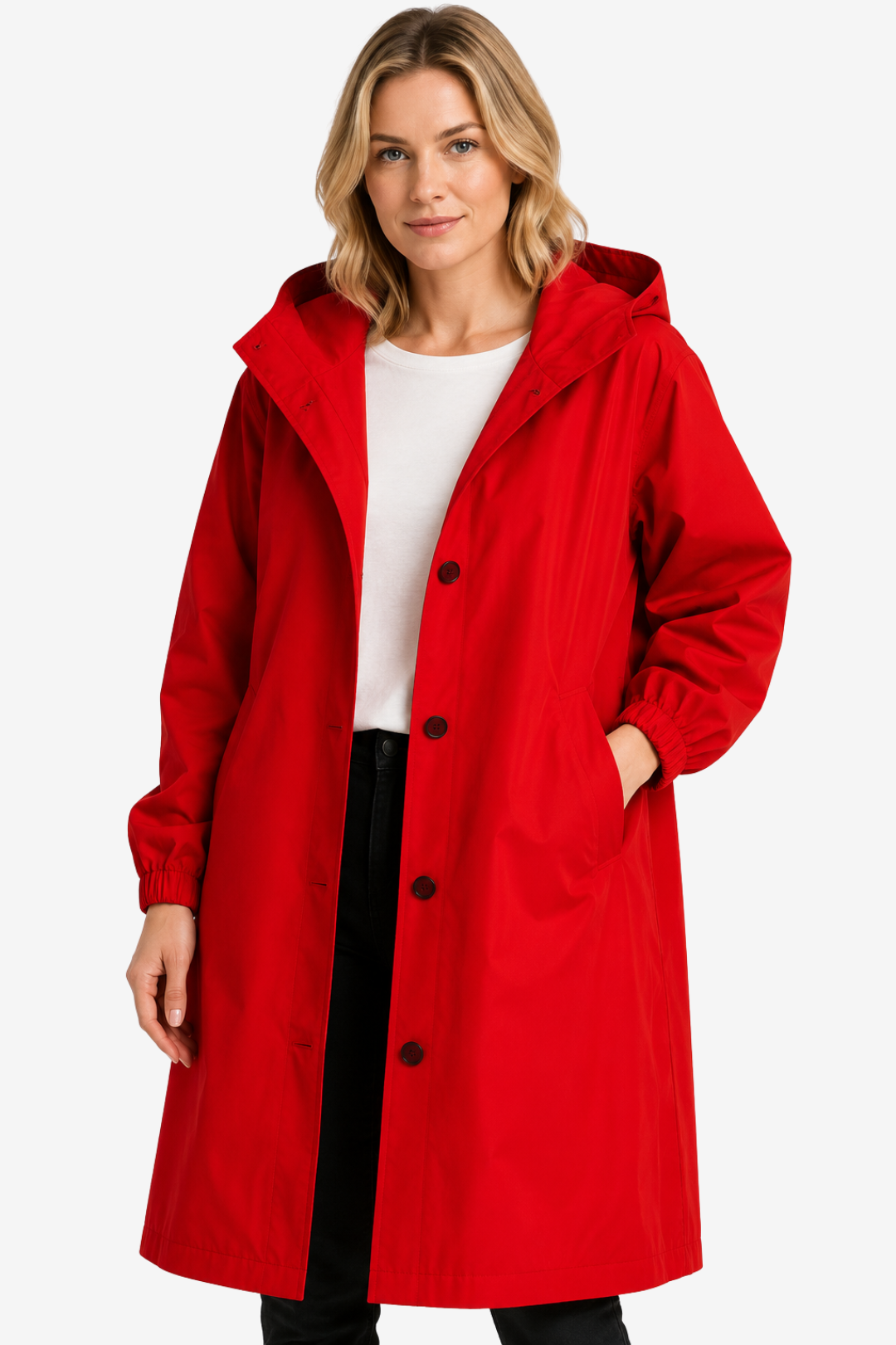 NOMU | Women's Hooded Raincoat – Longline Button Front Relaxed Design