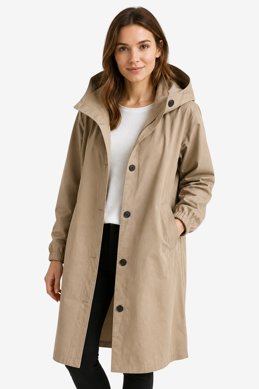 NOMU | Women's Hooded Raincoat – Longline Button Front Relaxed Design